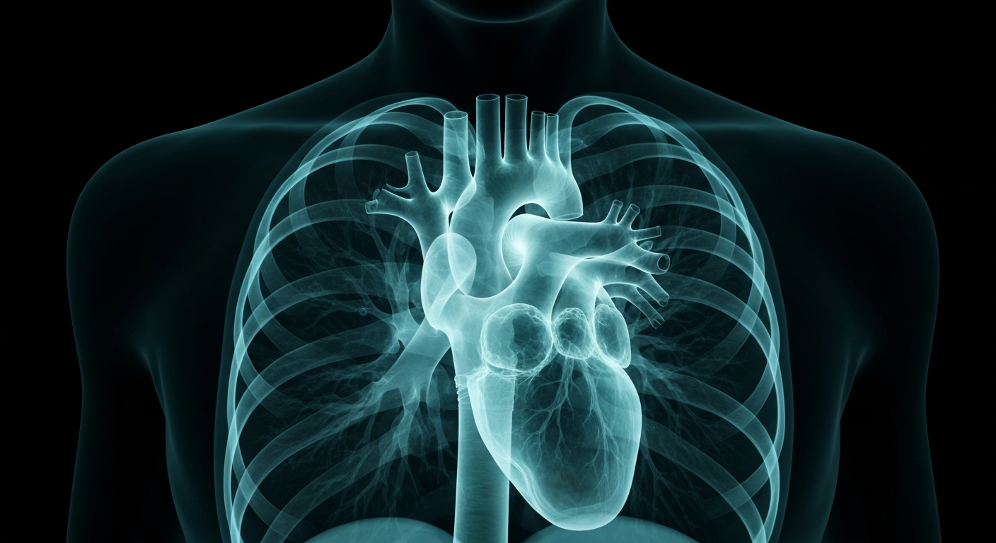 A translucent X-ray photograph showing the ghostly outline of a human heart and lungs, glowing with an ethereal blue-green light against a dark background, conveying the vulnerability of the body to powerful synthetic drugs.