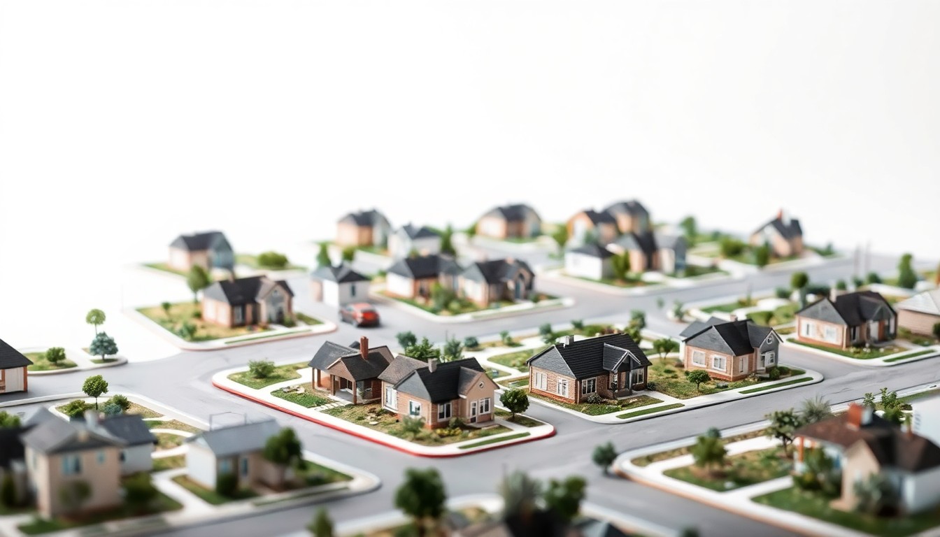 A highly detailed, photorealistic studio still life featuring a miniature model of a suburban neighborhood, with clean geometric shapes and polished metal and glass materials conveying a sense of order and precision in large-scale residential development.