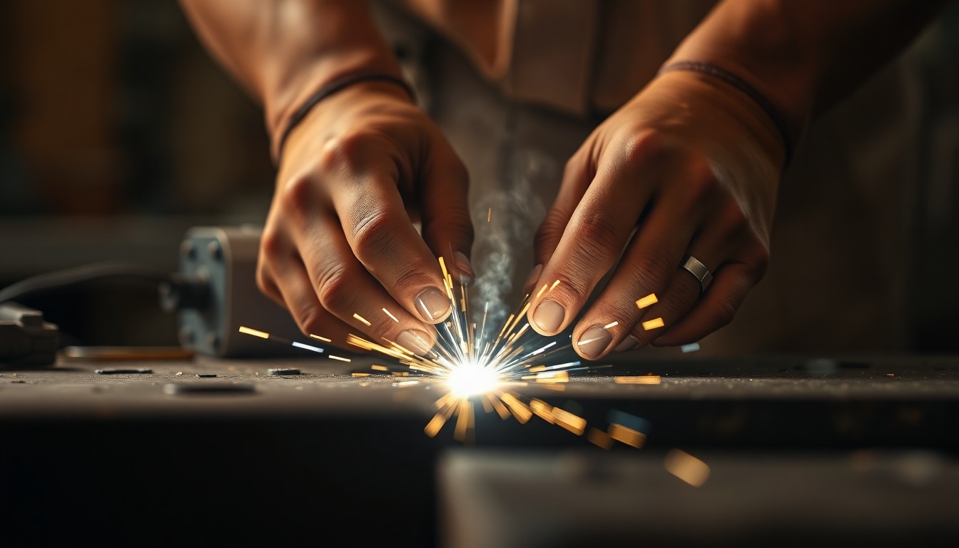 An extremely abstracted, out-of-focus photograph in soft pools of warm color and light, depicting the blurred silhouette of a pair of hands working on a welding project, conceptually representing the lifelong career and legacy of Michael E. Castleberry.