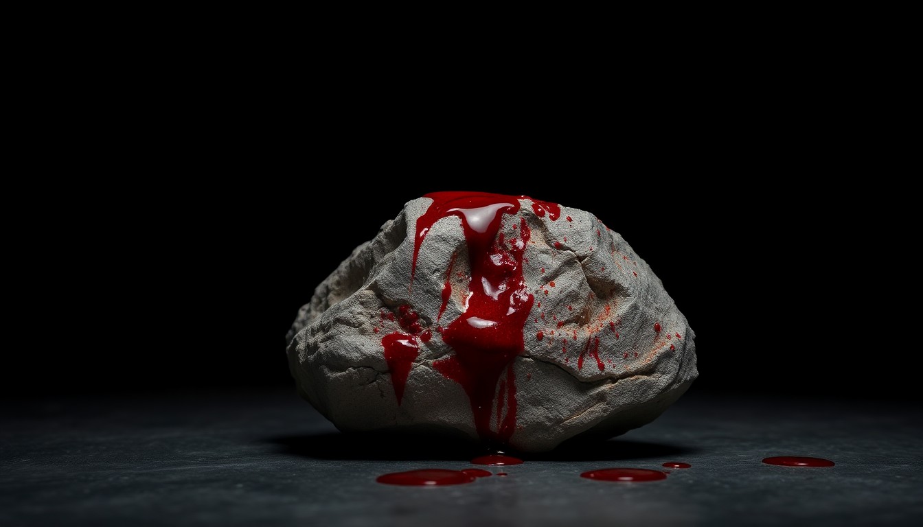 An extreme close-up of a bloodied rock, capturing the gritty, investigative nature of the evidence at the heart of this violent crime case.