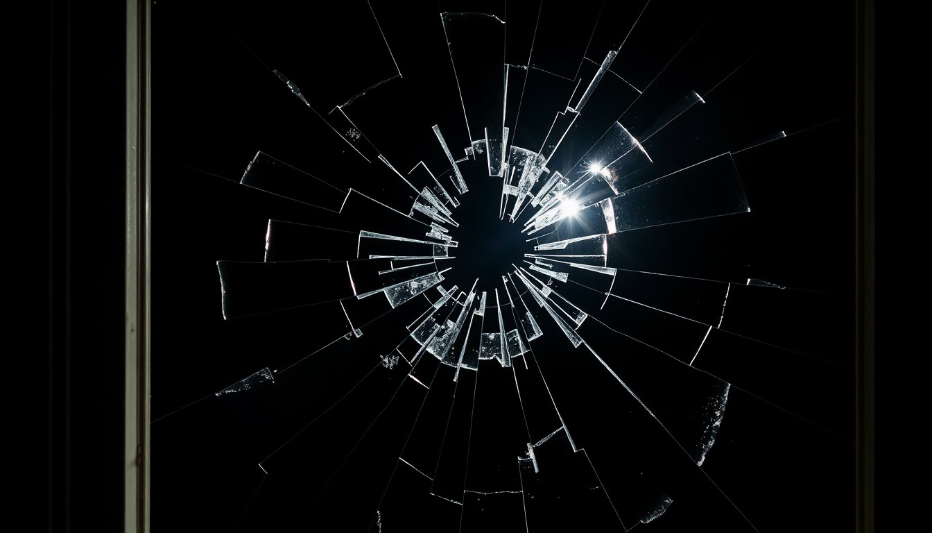 An extreme close-up photograph of a shattered glass window or door frame, with the jagged edges and cracks in the glass clearly visible, conveying a sense of sudden violence and disruption.