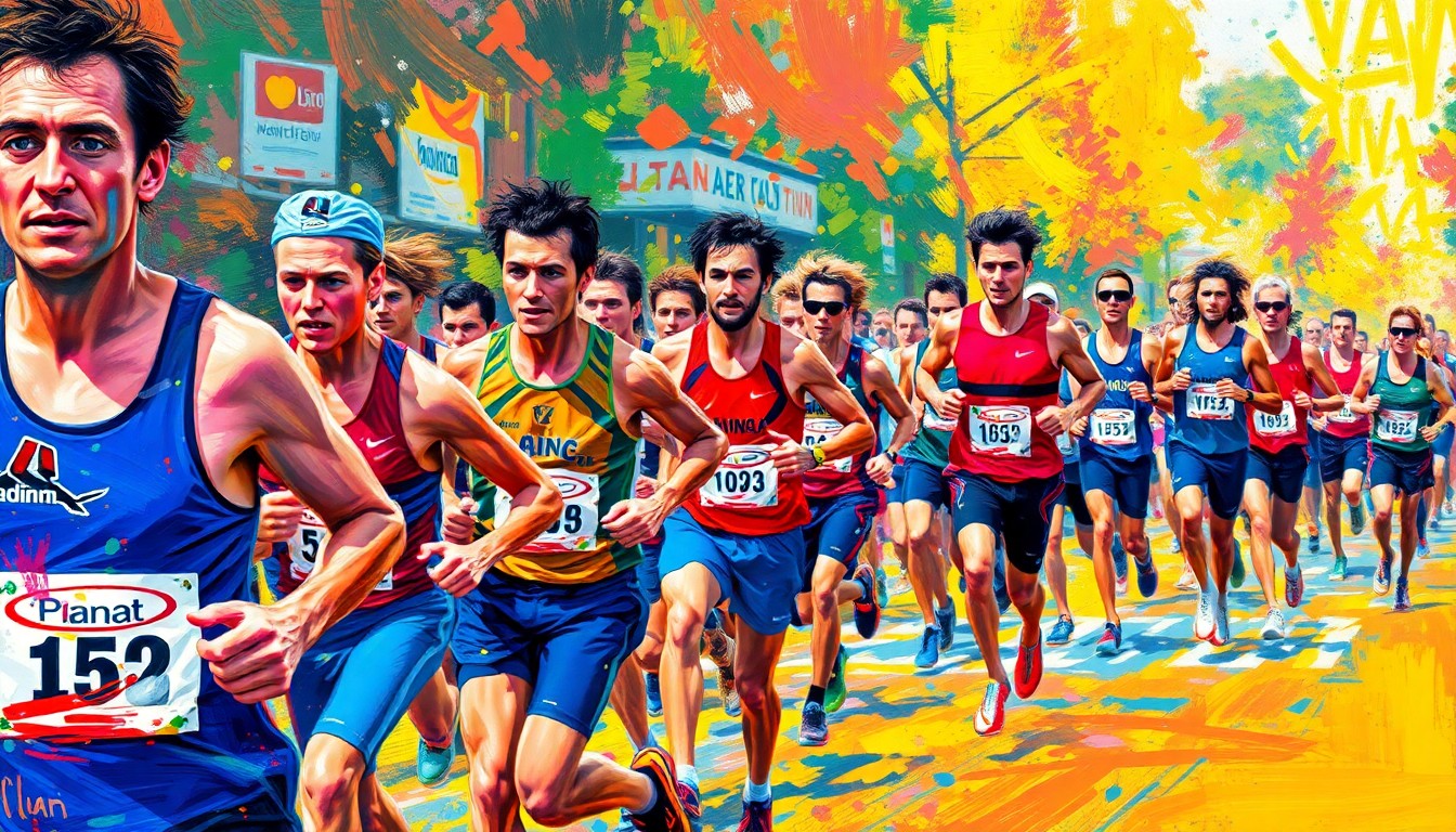 An abstract, expressionist painting in vibrant neon colors depicting the movement and energy of runners competing in a road race, with faces and details dissolved into unrecognizable brushstrokes.