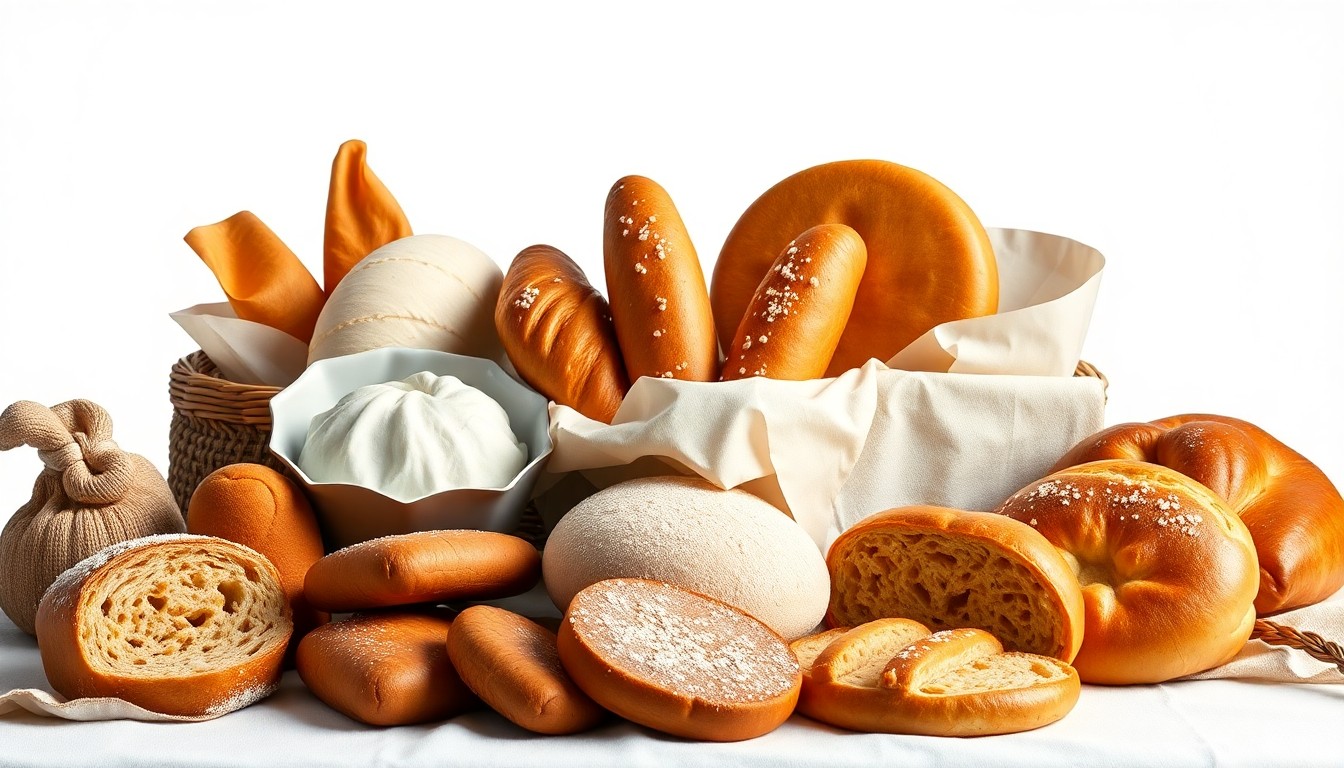 An elegant arrangement of freshly baked Hmong-style pastries, breads, and deli items photographed in a high-end, minimalist studio setting, conveying the craftsmanship and quality of Ka Lia's Kitchen's offerings.