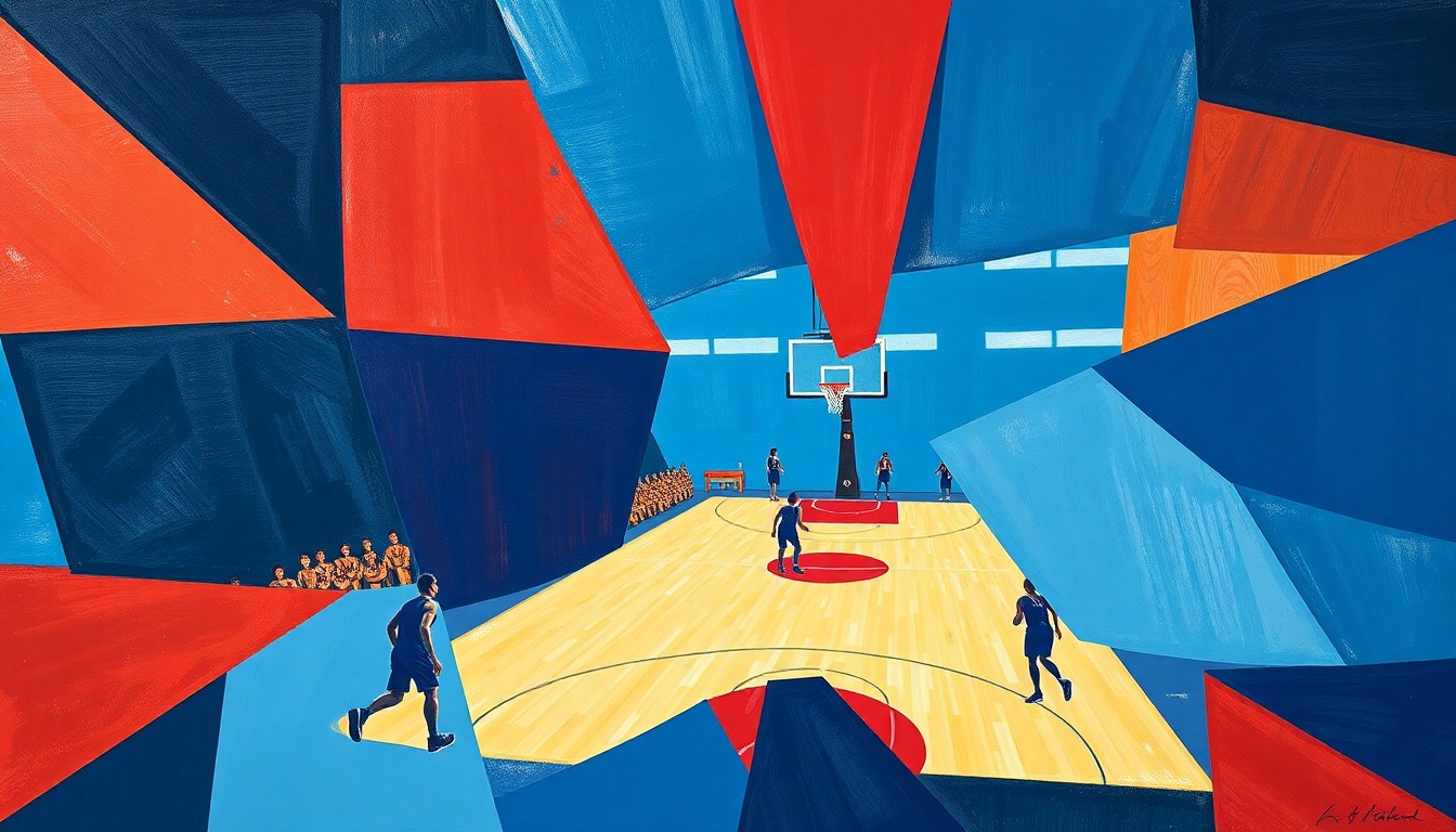 A cubist-style painting featuring fragmented, geometric shapes in navy, powder blue, and crimson, conceptually representing the dynamic action and energy of a women's basketball game.