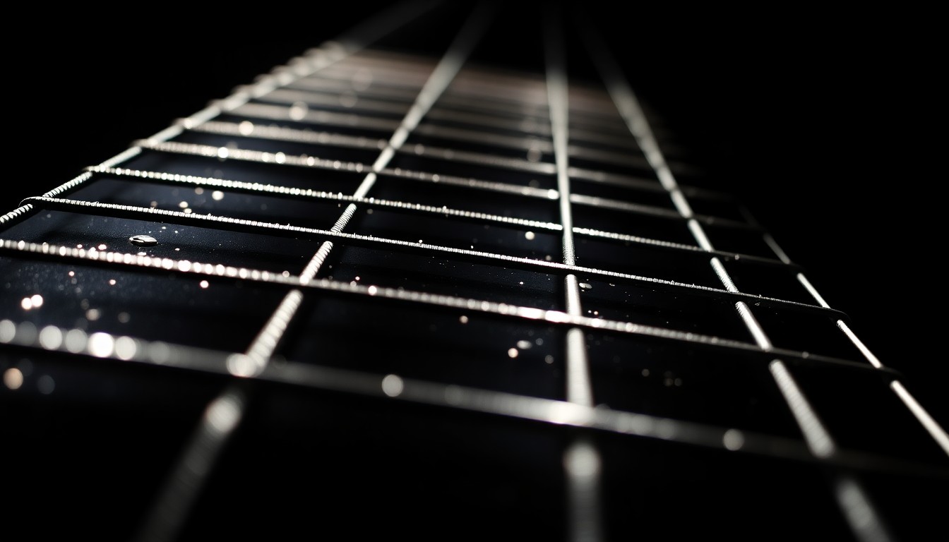 An extreme close-up photograph of the metallic strings of an electric guitar, bathed in dramatic, high-contrast studio lighting to create a bold, abstract, and glamorous visual representation of the raw power of rock music.