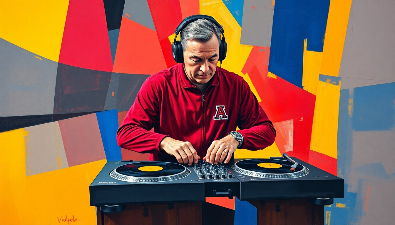 A cubist, geometric painting depicting a college basketball coach manipulating turntables, with the vibrant colors of the Arizona Wildcats team breaking the scene into sharp, overlapping planes.