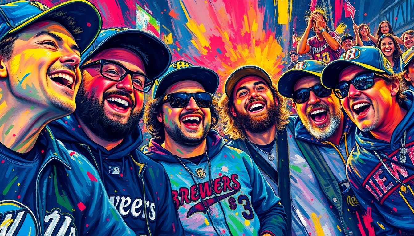 An abstract, expressionist painting featuring bold, sweeping brushstrokes in neon colors that capture the energy and excitement of Brewers fans tailgating and celebrating the start of the new baseball season.