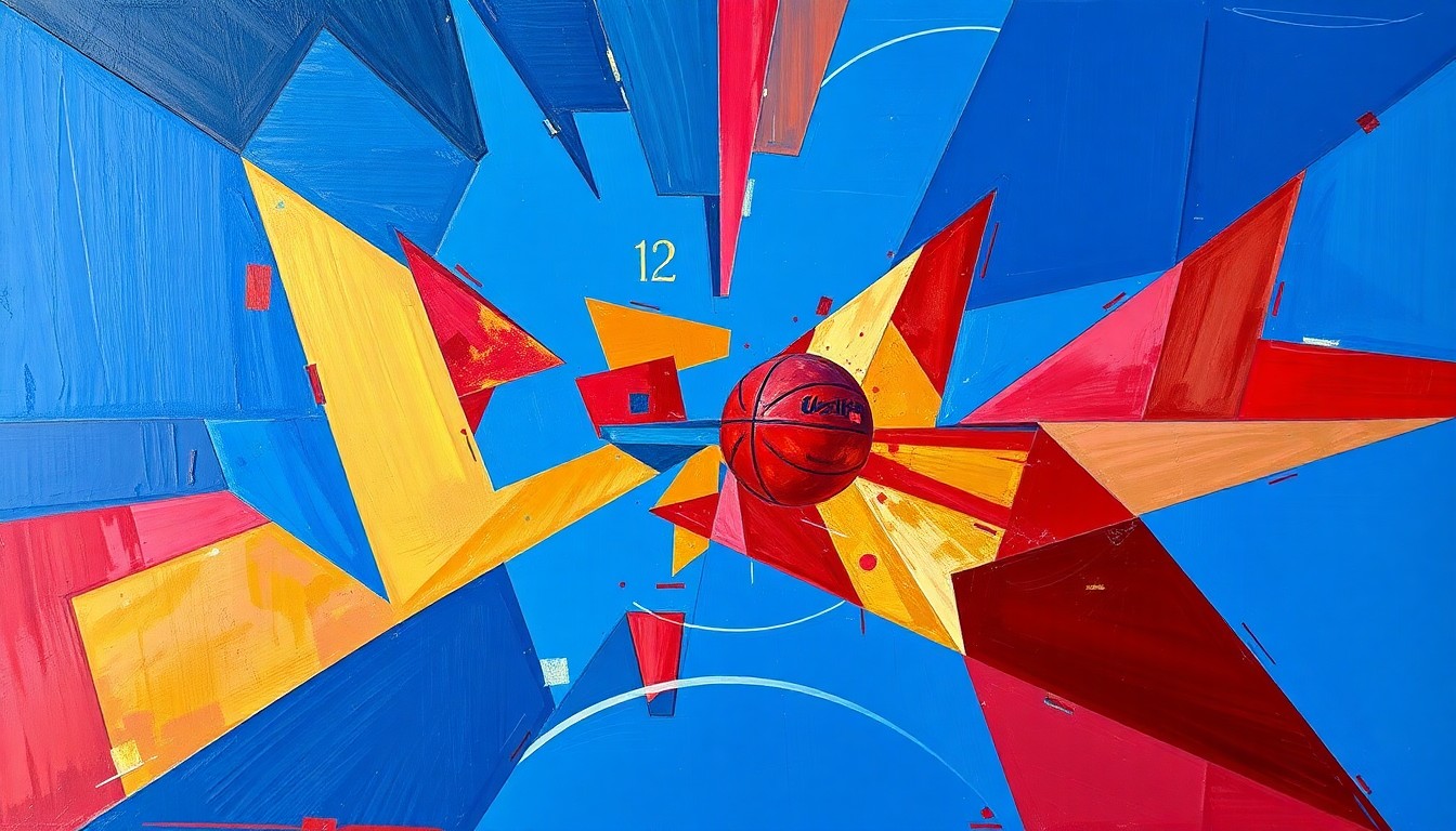 A fragmented, geometric painting in bold primary colors depicting the movement and intensity of a basketball game or match, conveying the conceptual significance of a major college basketball transfer.