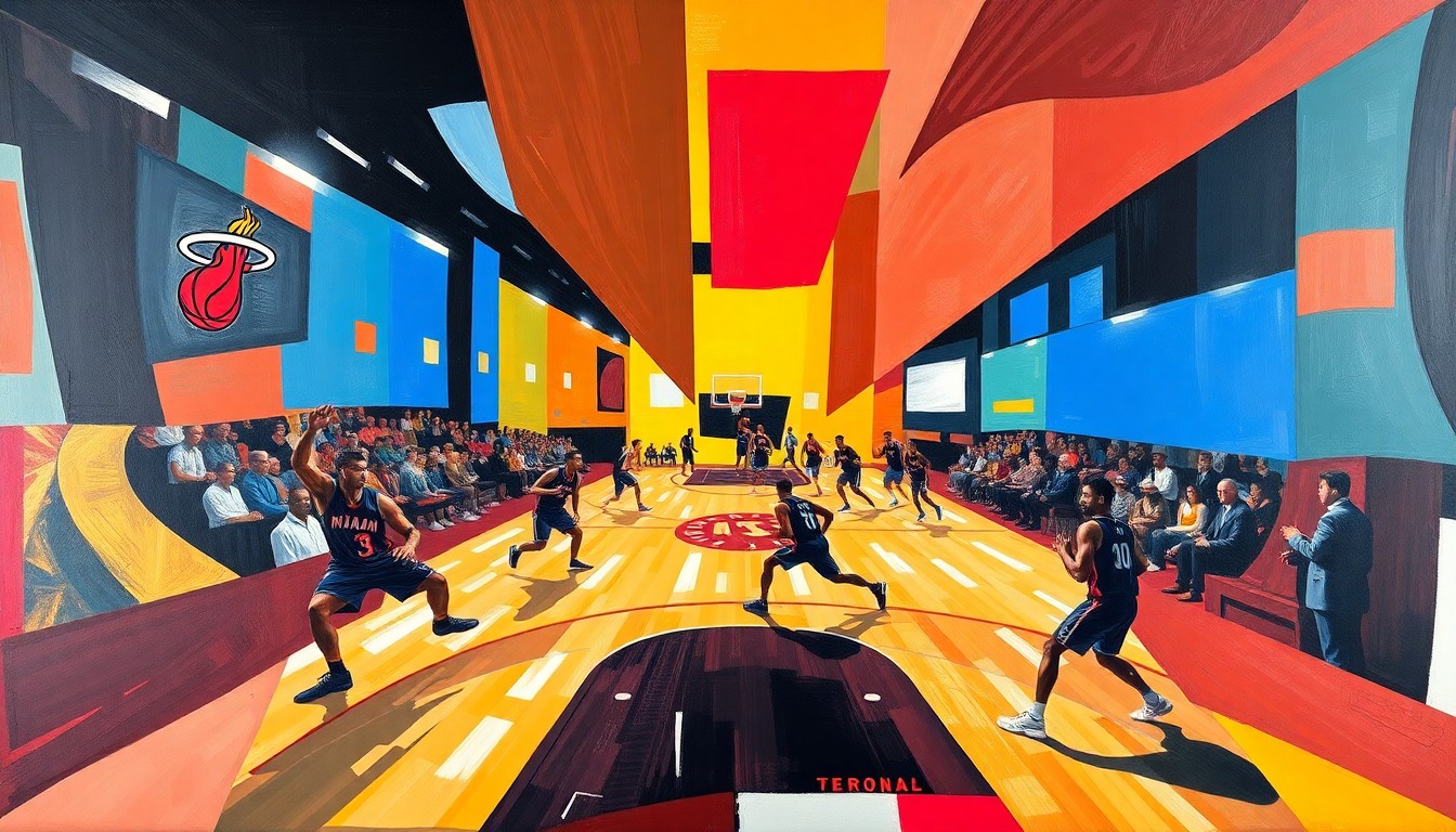 A fragmented, cubist-style painting depicting a basketball game, with the players and court rendered in sharp, overlapping geometric shapes and planes of color, creating a dynamic, abstract composition.