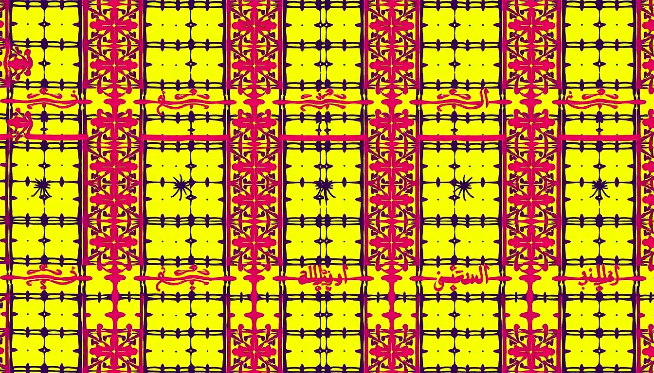 A high-contrast, silkscreen-style illustration featuring a repeating grid of a single, iconic Palestinian tatreez embroidery pattern in a palette of neon pink, yellow, and blue, conceptually representing the celebration of this traditional textile craft on an international stage.