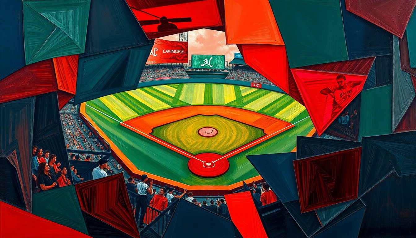 A cubist, geometric painting depicting the fractured, multi-perspective action of a baseball game, using rich, earthy tones to conceptually represent the Red Sox's struggles to find their footing early in the season.