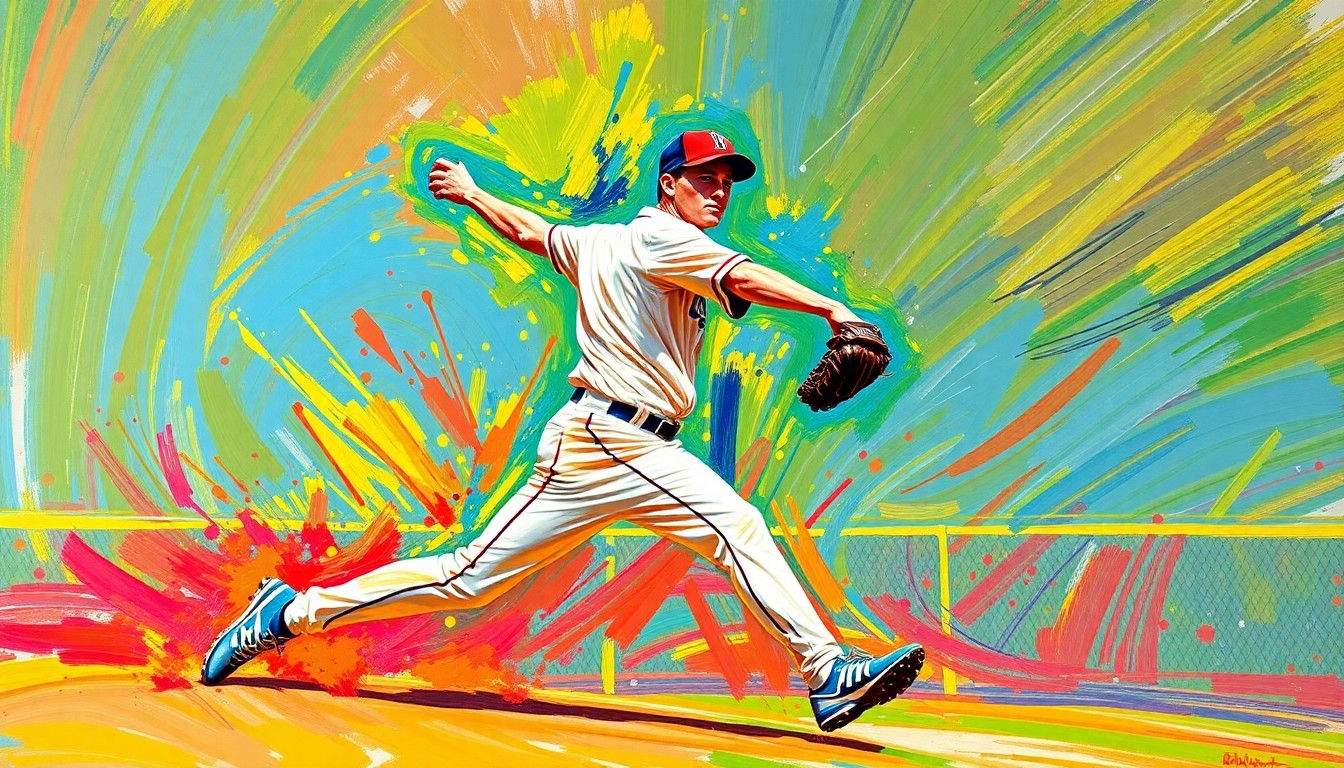 An extreme close-up of a baseball player's face and upper body, rendered in a vibrant, expressionist style with bold brushstrokes and neon colors, capturing the raw energy and intensity of the sport.
