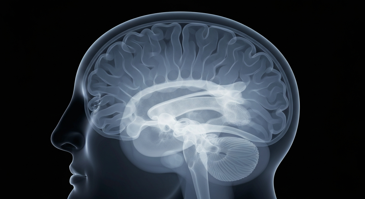A ghostly, translucent X-ray image revealing the intricate structure of a human brain, conceptually representing the importance of mental health treatment.