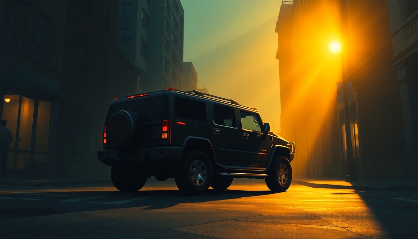 A moody, cinematic painting of a luxury SUV parked on a dimly lit urban street, with warm light and deep shadows creating a sense of solitude and contrast.