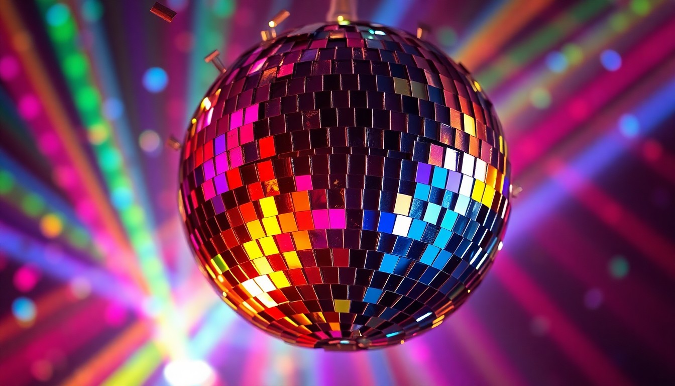 An abstract close-up photograph of a shattered disco ball reflecting a kaleidoscope of colorful light, conveying the high-energy, glamorous spirit of a major music festival.