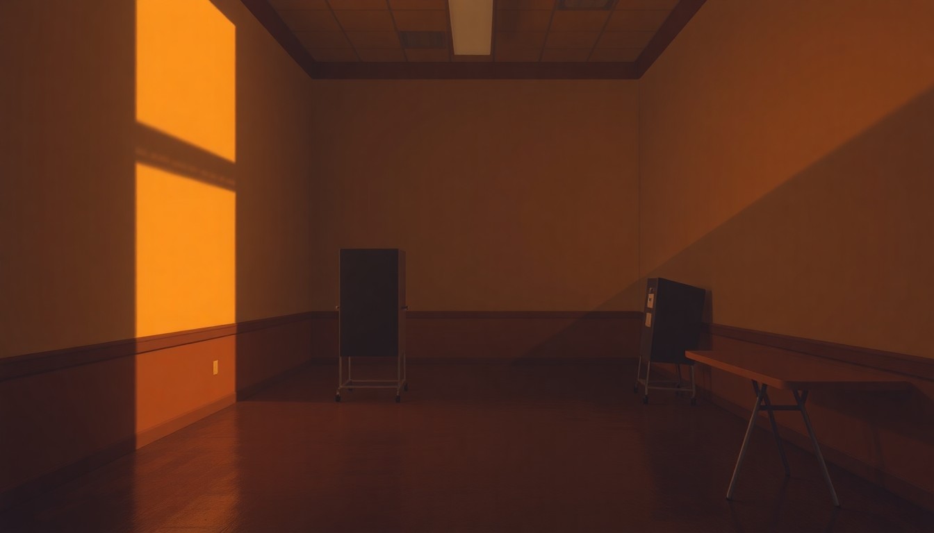 A serene, cinematic painting depicting an empty polling place in Green Bay, with warm sunlight streaming through the windows and deep shadows cast across the room, conveying a sense of anticipation and civic engagement.