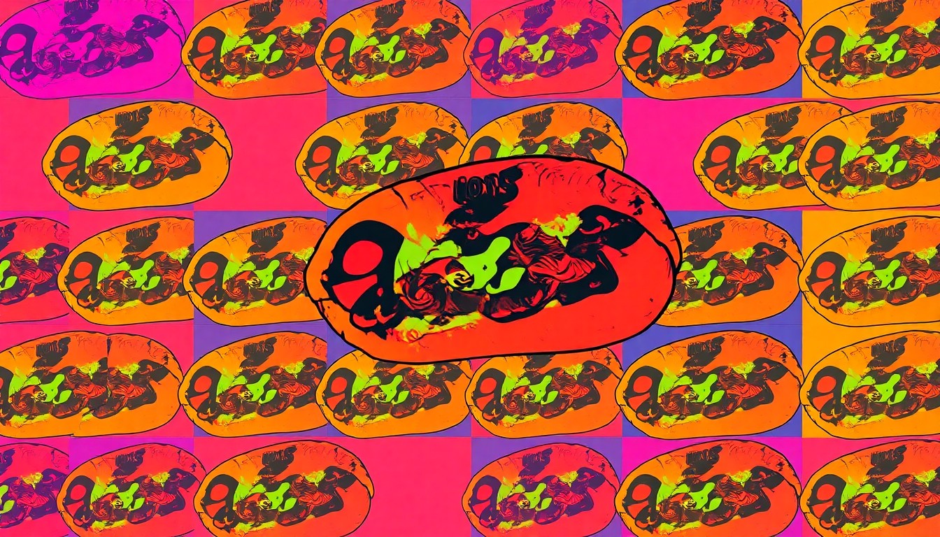 A brightly colored, high-contrast silkscreen print of a single, recognizable Adovada Burrito from Los Dos Molinos restaurant, repeated in a tight grid pattern, conceptually representing the restaurant's award-winning regional specialty as a modern pop art icon.