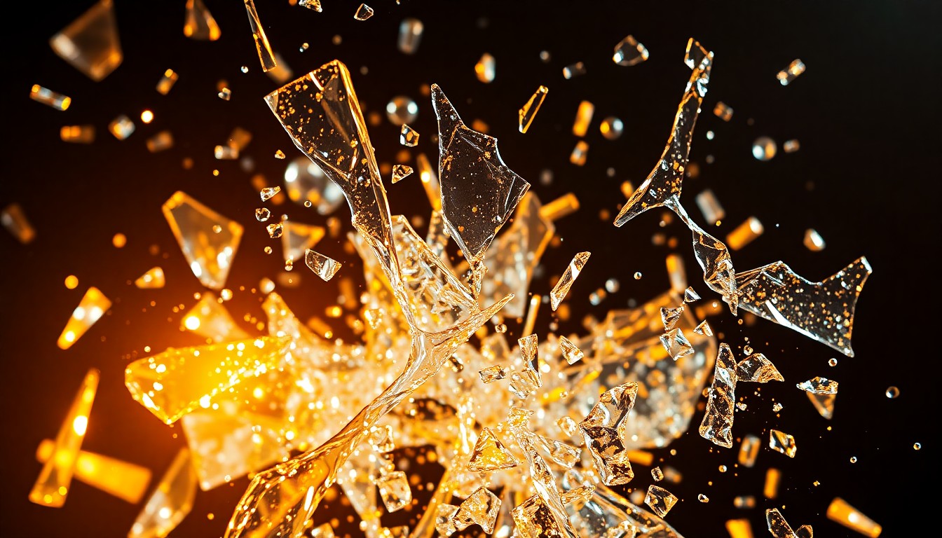 An abstract close-up photograph of shattered glass and glittering shards, captured in dramatic high-contrast lighting to convey the violent nature of the incident involving the rapper Offset.