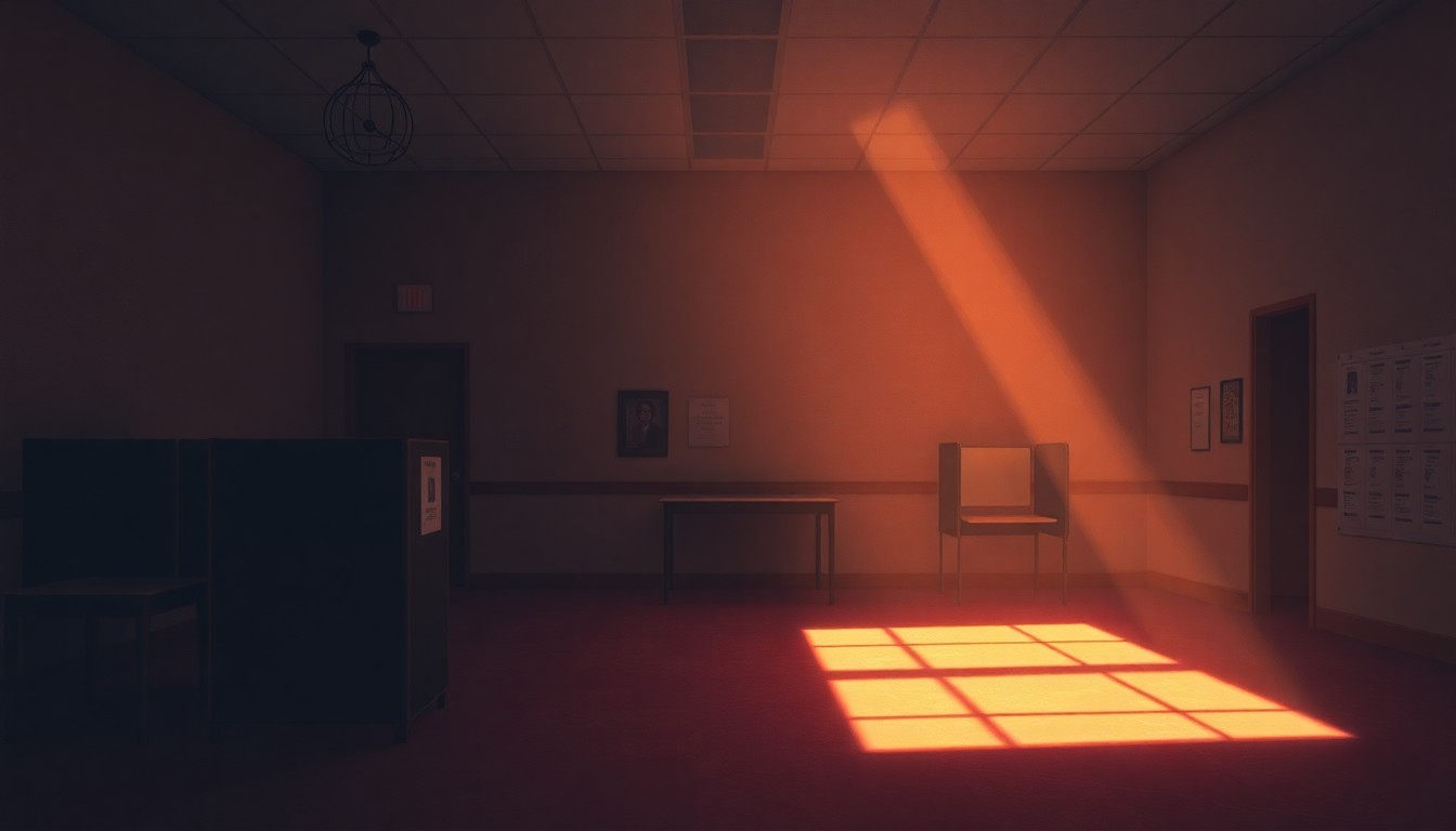A dimly lit, cinematic interior scene with warm, diagonal sunlight streaming through windows, casting deep shadows across an empty room with voting booths and other polling place equipment, conveying the quiet solemnity of the democratic process.