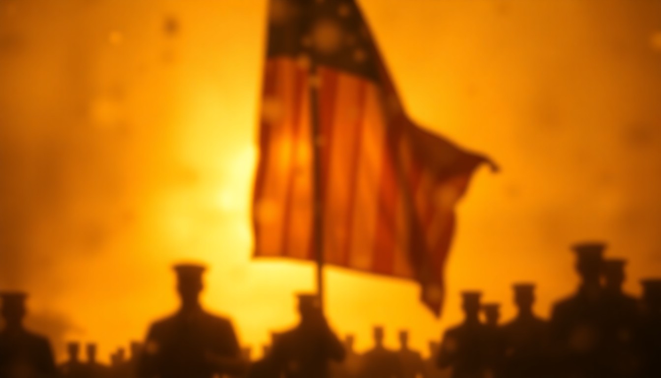 An impressionistic, out-of-focus scene of a flag being lowered during a military ceremony, with soft, warm light and blurred silhouettes, conceptually representing the reverence and emotion of the event.
