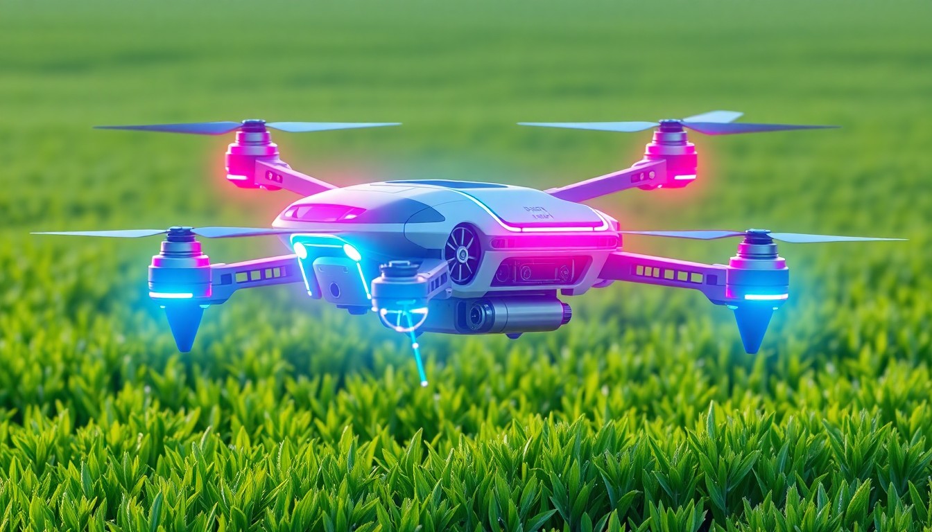 A highly detailed, glowing 3D illustration of a futuristic agricultural drone or autonomous field vehicle, with neon cyan and magenta lights illuminating its intricate mechanical components, hovering over a lush, verdant field, conceptually representing the integration of advanced technology and sustainable farming practices.