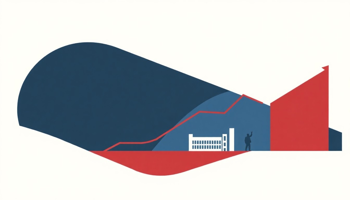 An abstract illustration composed of overlapping triangles and rectangles in shades of gray, blue, and red, conceptually representing the economic disruption caused by the Middle East conflict.