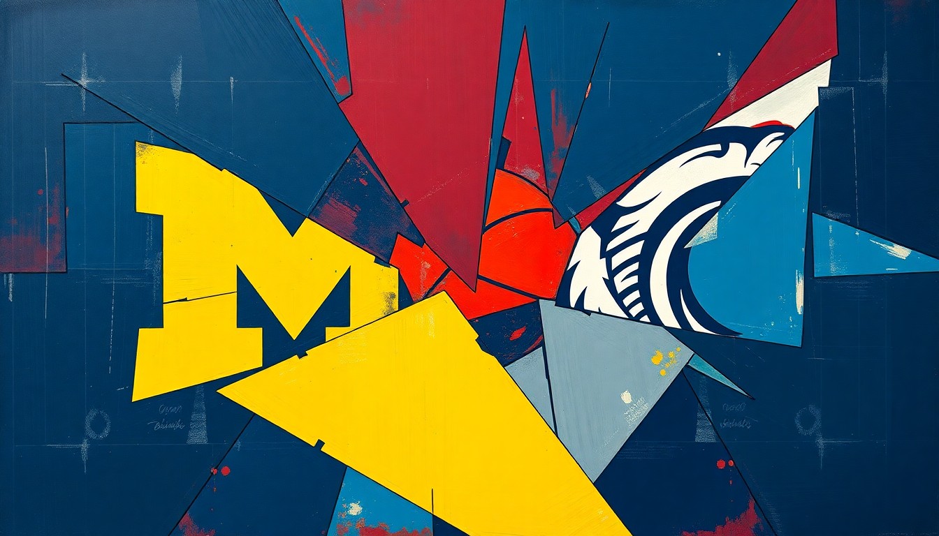 A cubist, geometric painting depicting the action and energy of the NCAA men's basketball championship game between Michigan and UConn, with sharp, overlapping planes of navy blue, maize yellow, and crimson red.