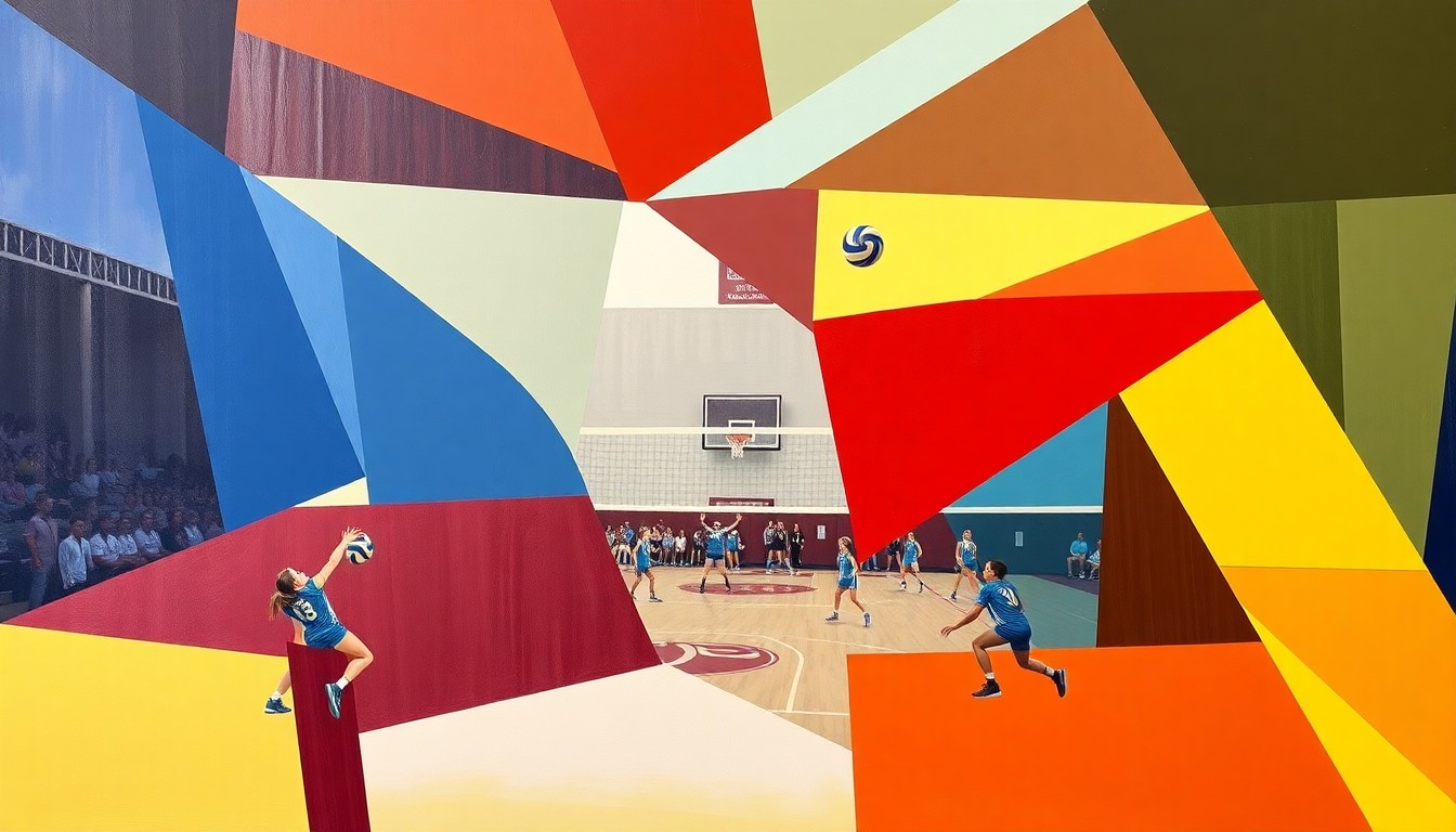 A cubist, geometric painting depicting a fragmented volleyball game, with overlapping planes of bright red, navy blue, and white, conceptually representing the dynamic action and energy of the sport.