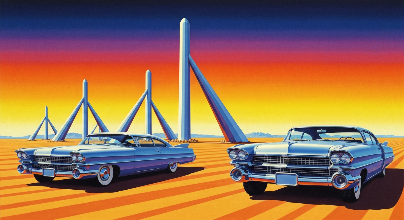 A highly stylized, geometric illustration depicting the towering, streamlined forms of the Cadillac cars at the Cadillac Ranch art installation, rendered in bold, sweeping gradients of color that capture the grand scale and romance of travel along the historic Route 66 highway.