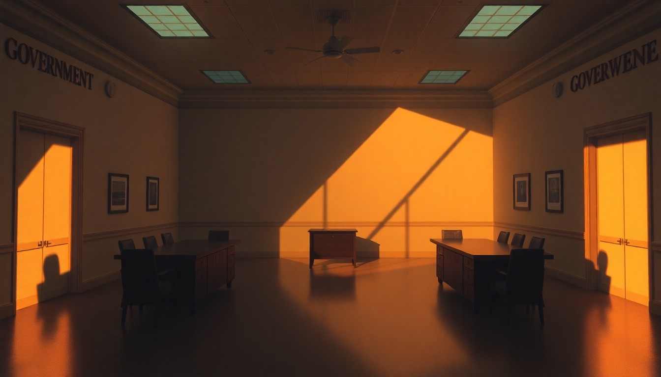 A dimly lit, cinematic painting of an empty government office or meeting room, with warm sunlight streaming in through the windows and deep shadows cast across the room, conveying a sense of stillness and neglect.