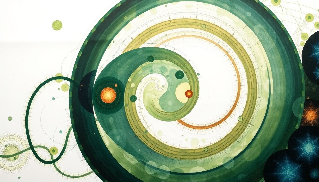 A highly structured abstract painting in muted earth tones, featuring sweeping geometric arcs, concentric circles, and precise botanical spirals, visually representing the complex mechanisms of DNA damage and neuron death in multiple sclerosis.