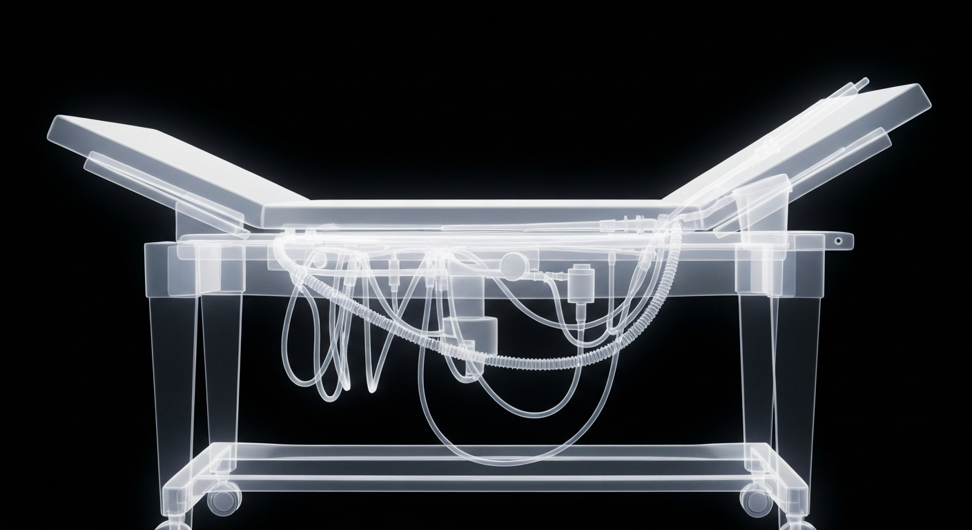 A translucent, ghostly X-ray photograph showing the internal structure of a medical examination table, conveying the clinical yet vital nature of urgent care services.