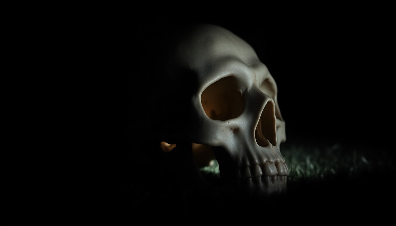 An extreme close-up photograph of a human skull, its surface texture and details dramatically illuminated by a harsh, direct camera flash against a pitch-black background, creating a stark, gritty, investigative aesthetic.