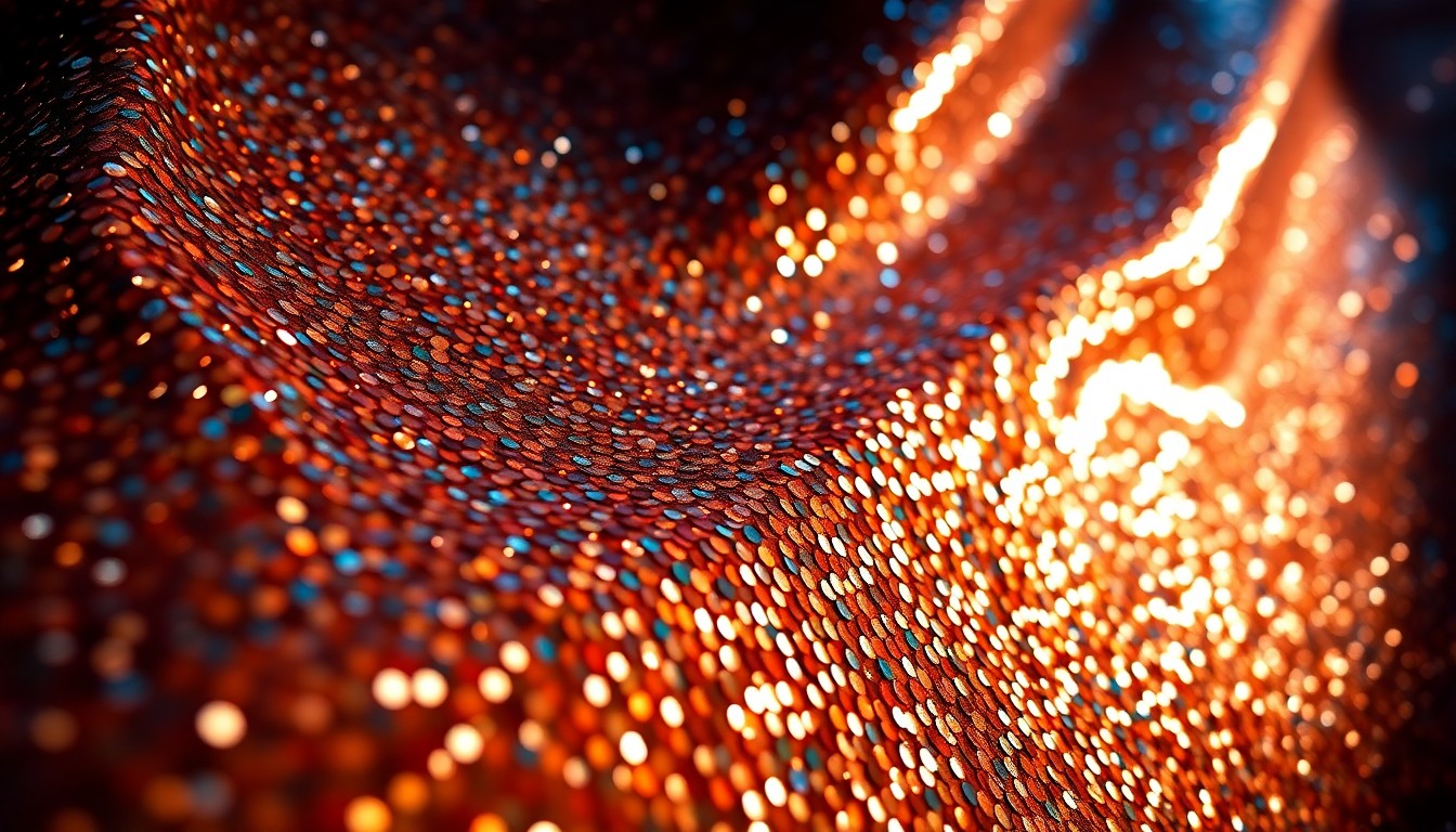 An extreme close-up photograph of a shimmering, glittering sequin fabric in dramatic high-contrast studio lighting, conceptually representing the glamour and energy of the Latin music scene.