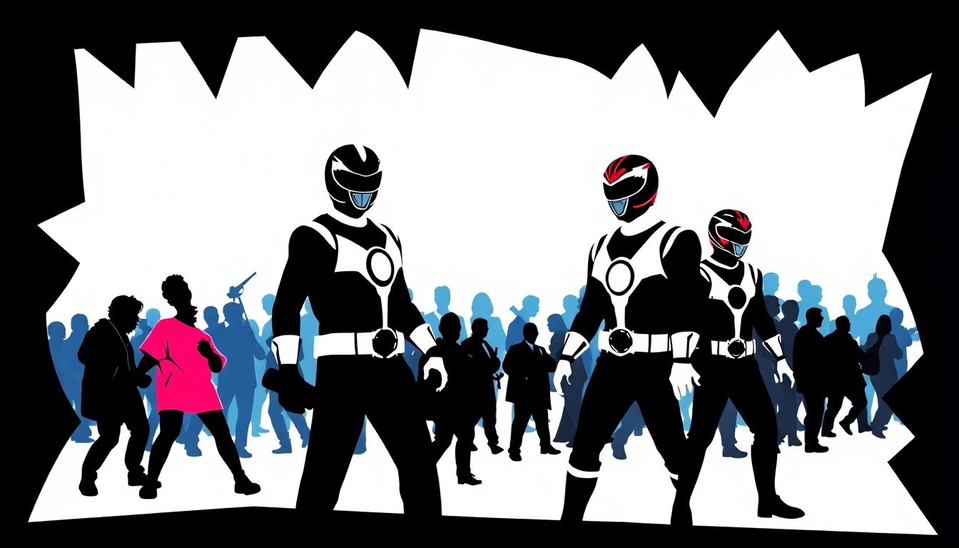 An abstract, minimalist illustration featuring bold, jagged shapes in shades of blue, black, and white, representing the iconic Power Rangers characters and the energy of a fan convention.