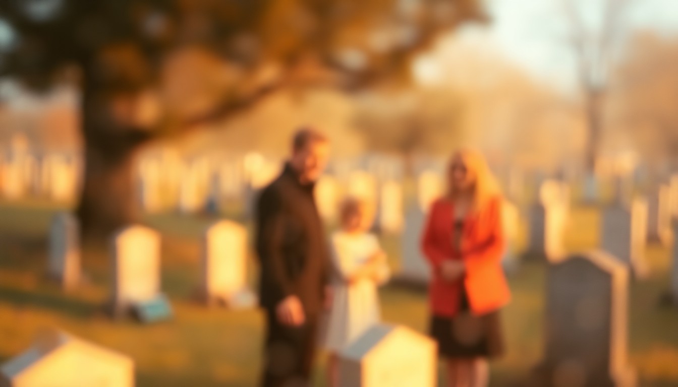 An extremely abstracted, out-of-focus photograph in warm tones, depicting a blurred scene of a family gathered at a cemetery, with soft pools of light and color conceptually representing the emotional and logistical decisions around cremation.