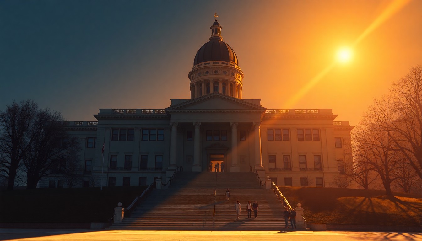 A serene, painterly image of the Iowa State Capitol building, its grand architecture and steps bathed in warm, golden light, with a few people walking up the stairs, conveying a sense of the building's welcoming, public-facing atmosphere.