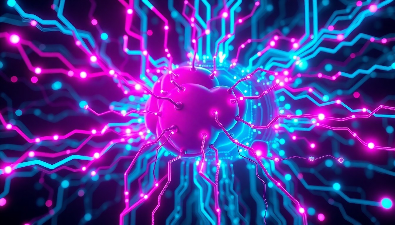 A highly detailed, three-dimensional illustration of a glowing, neon-lit AI neural network, with pulsing magenta and cyan lights flowing through an intricate web of circuits and data pathways, conceptually representing the technological advancements driving the AI revolution.