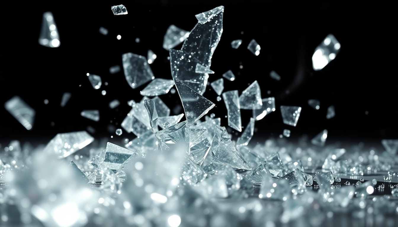 An abstract close-up photograph of shattered, reflective glass shards in high-contrast lighting, conveying the idea of fallout and consequences.