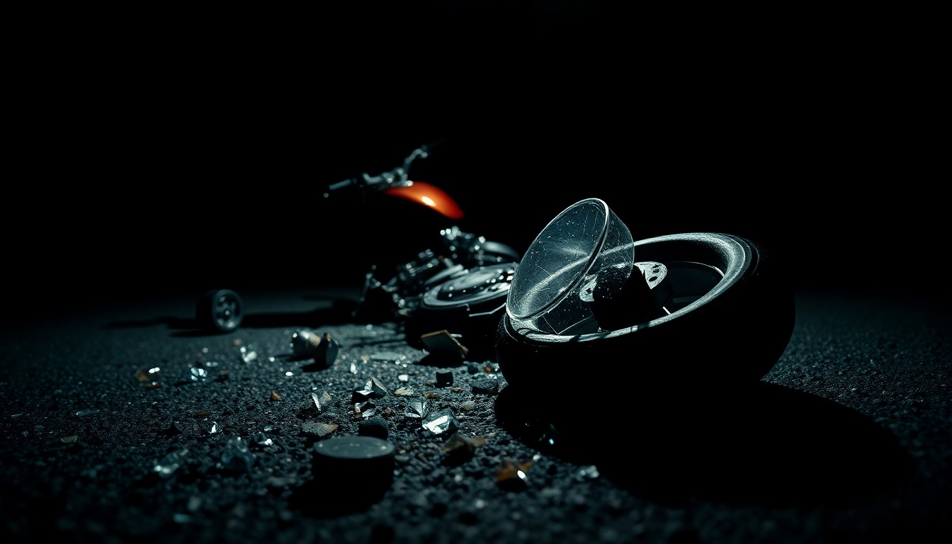 An extreme close-up of shattered motorcycle parts and broken glass scattered on the dark asphalt, conveying the gritty aftermath of a tragic accident.