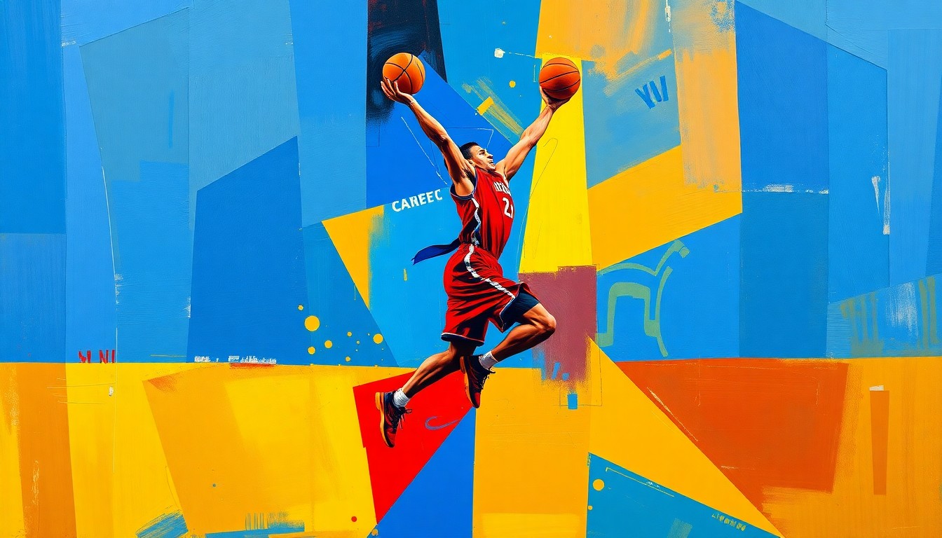 A cubist, geometric painting depicting a basketball player's motion broken down into sharp, overlapping planes of color, representing the multifaceted nature of Brown's decision to turn pro.