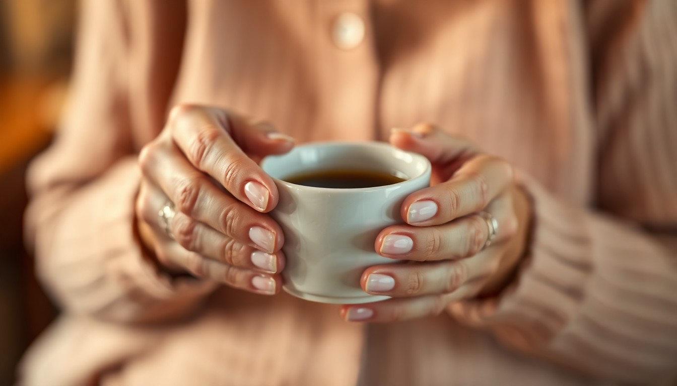 A softly blurred, warm-toned photograph of an elderly woman's hands holding a cup of coffee, with the background gently out of focus in a dreamy, impressionistic style that captures the quiet dignity and compassion of the story's subject.