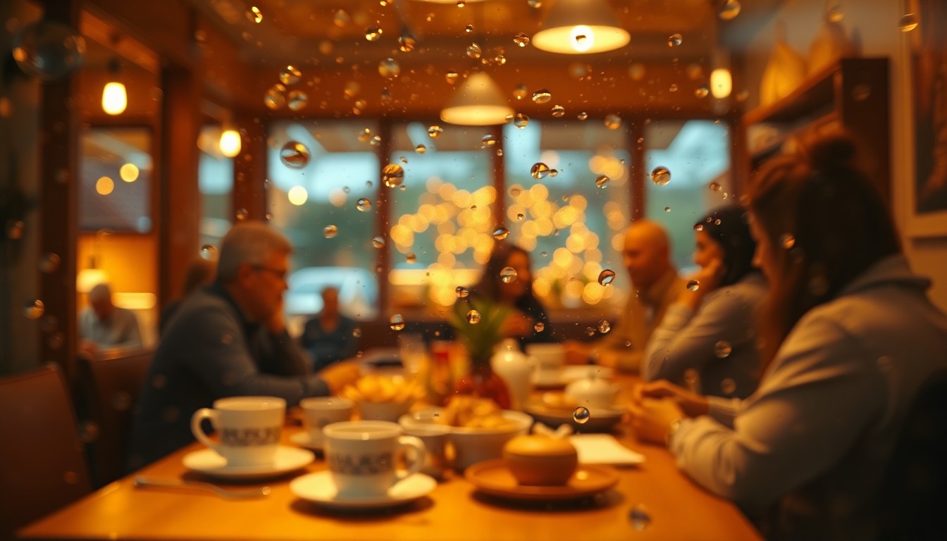 An extremely blurred, impressionistic scene of people gathered around a table, with the warm glow of breakfast foods and drinks creating a cozy, inviting atmosphere.