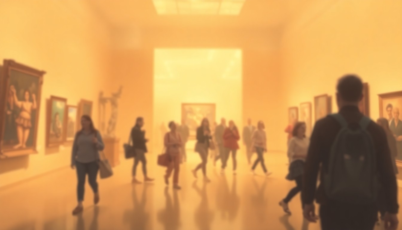 An abstract, impressionistic photograph in soft, warm tones depicting the blurred silhouettes of people exploring an art museum, conveying a sense of discovery and immersion in the local arts scene.