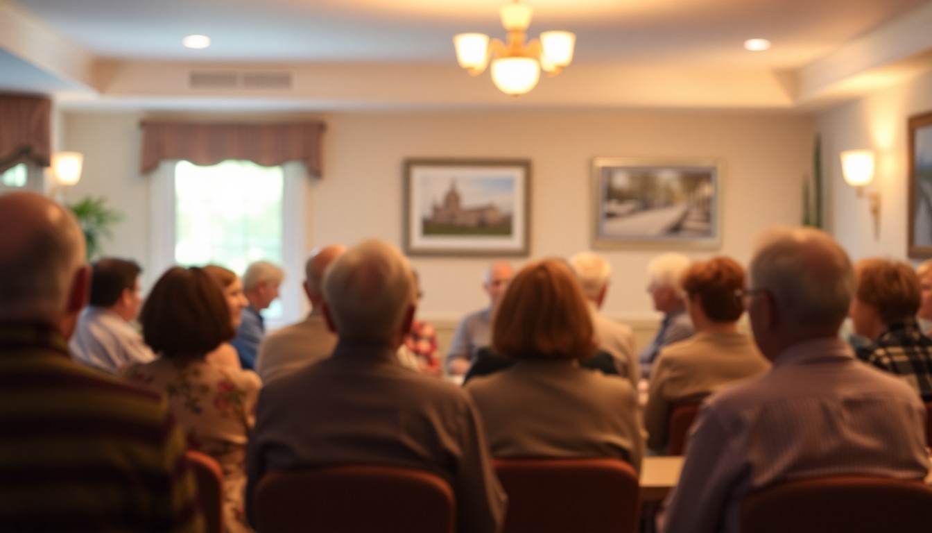 An abstracted, blurry photograph showing the silhouettes of people gathered in a dimly lit room, creating a warm, inviting atmosphere that captures the community spirit of a civic club meeting.