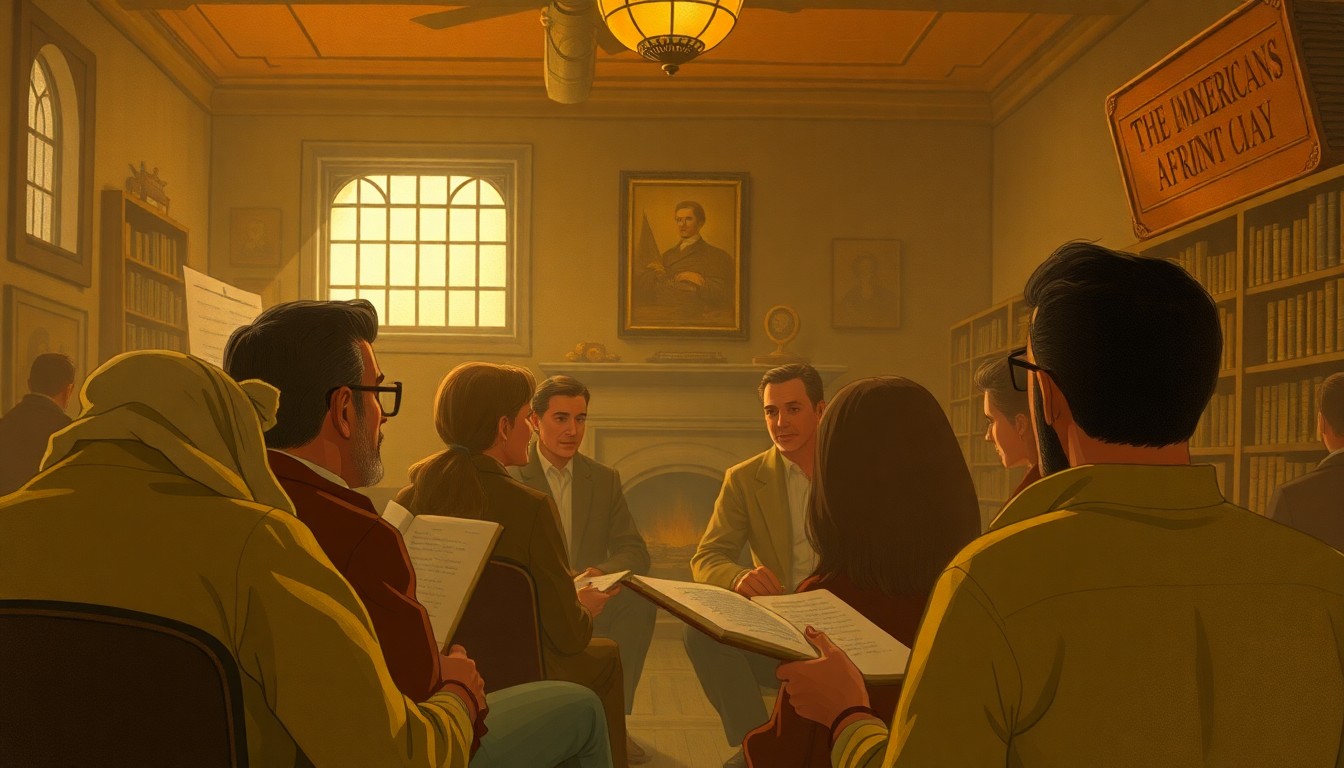 A softly focused, atmospheric scene of people gathered in a dimly lit room, discussing and learning about the American Civil War, with warm, muted tones creating a sense of nostalgia and intellectual curiosity.