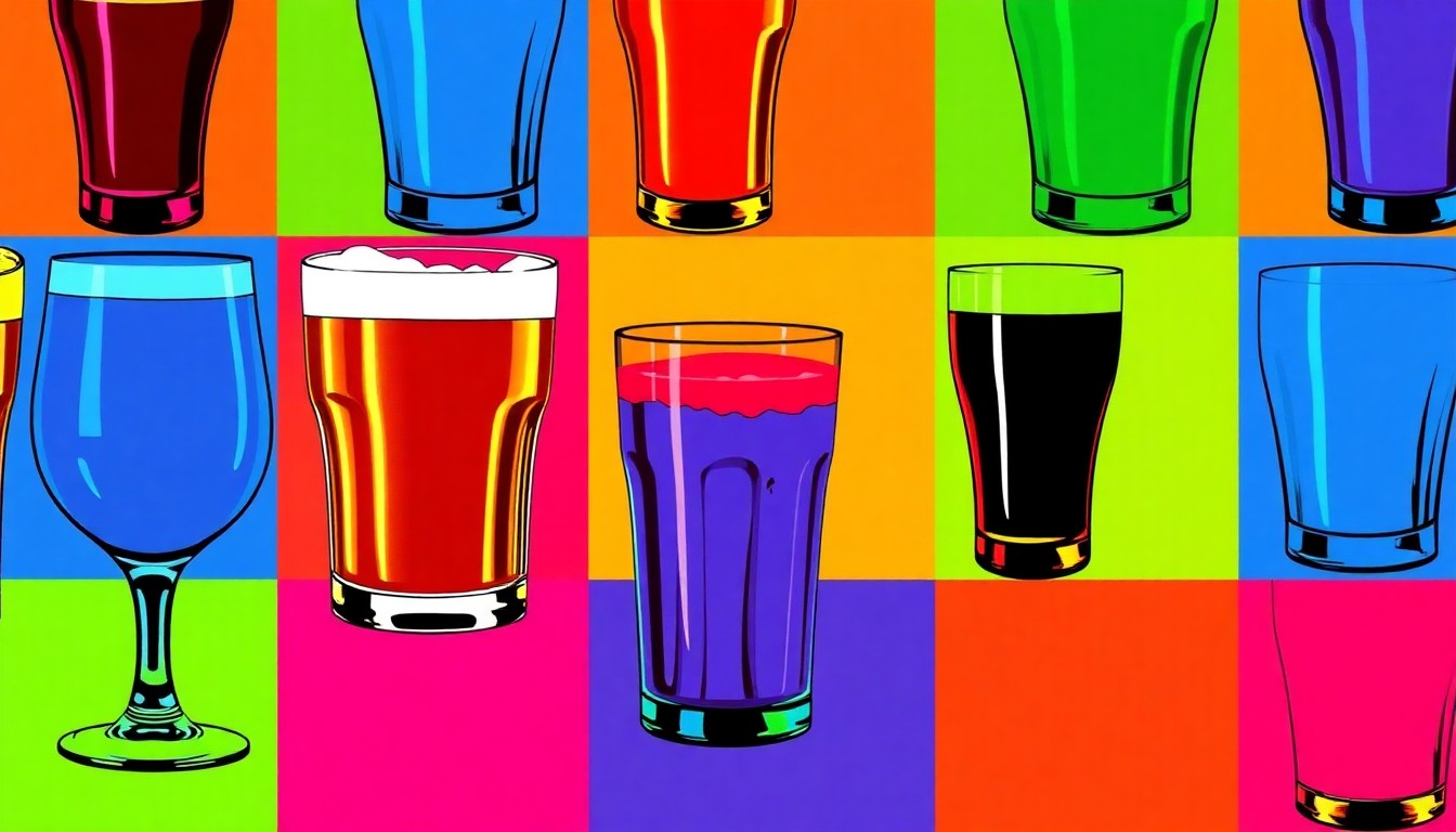 A bold, colorful silkscreen-style illustration featuring repeating icons of a craft beer glass, cocktail shaker, and non-alcoholic drink tumbler, conceptually representing the vibrant drink culture and small business community of downtown Sioux Falls.