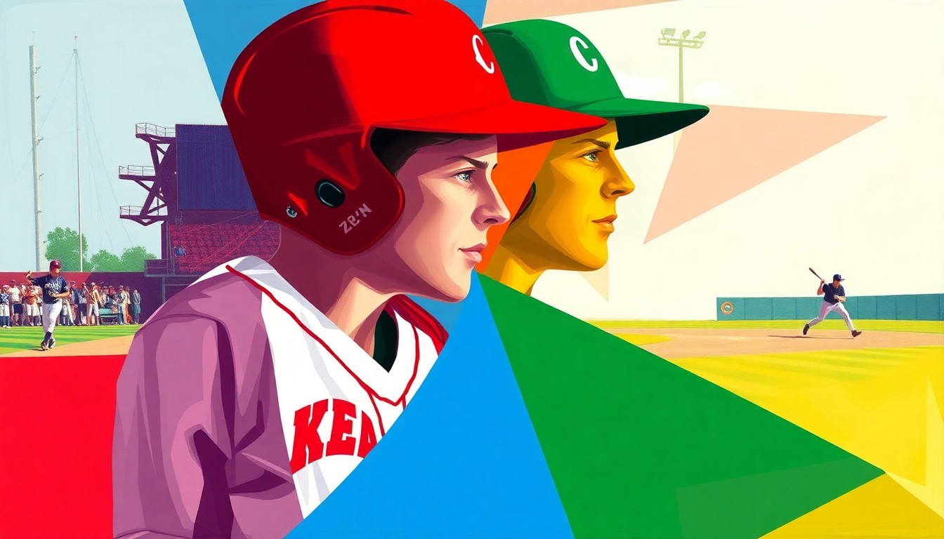 A cubist, geometric painting depicting a high school softball game, with players' figures broken down into overlapping shapes and planes in vibrant colors representing the uniforms of the Kearny and Bayonne teams.