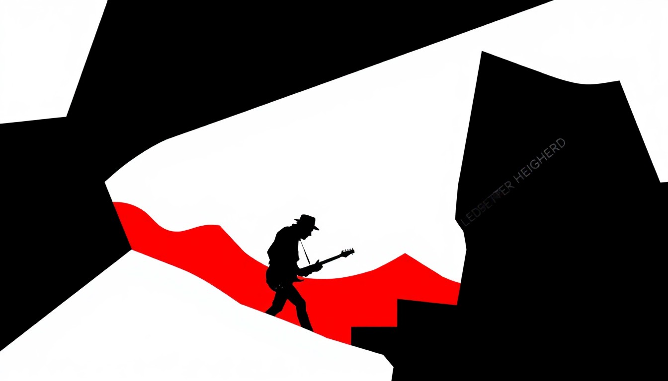 A striking abstract composition of jagged geometric shapes and solid black silhouettes in high-contrast red and white, conceptually representing the blues rock sound of Kenny Wayne Shepherd's 'Ledbetter Heights' album.