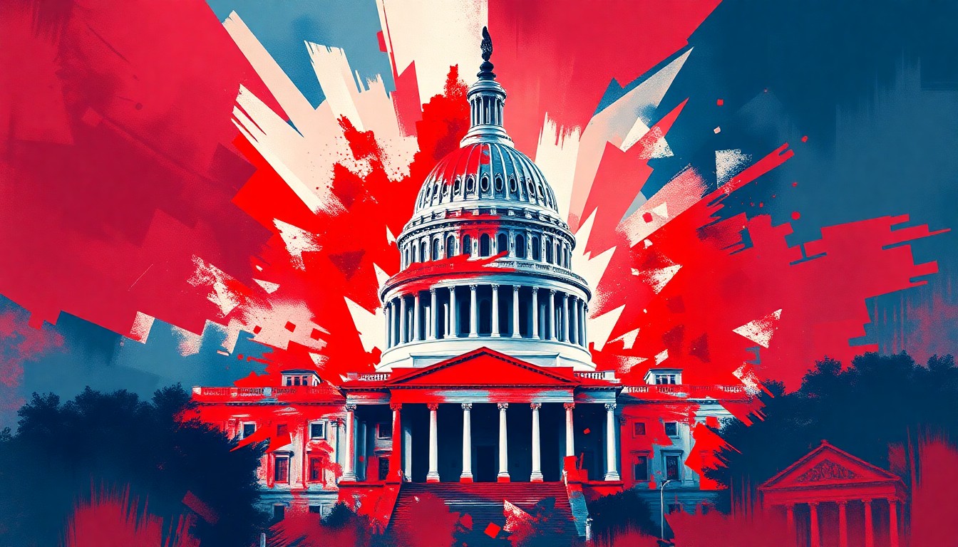 A vibrant, fractured painting depicting the U.S. Capitol building in a state of disarray, with overlapping geometric shapes and waves of color, conveying a sense of political turmoil and urgency.